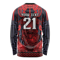 Custom New Zealand Taiaha Maori Long Sleeve Shirt Whero Minimalist Silver Fern Tukutuku Motif