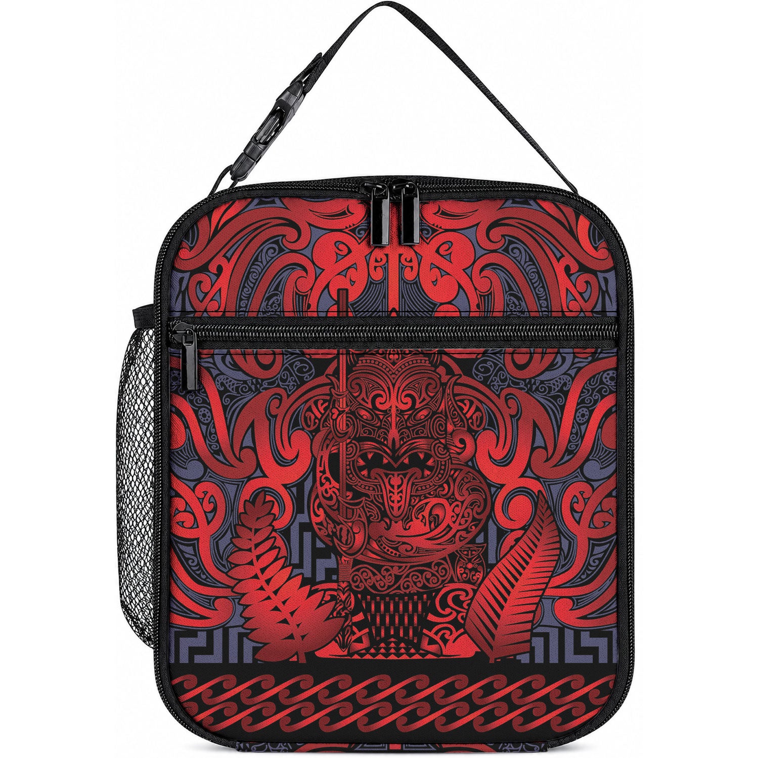 New Zealand Taiaha Maori Lunch Bag Whero Minimalist Silver Fern Tukutuku Motif LT9 10.2 × 8.3 × 4.3 inch Red - Polynesian Pride