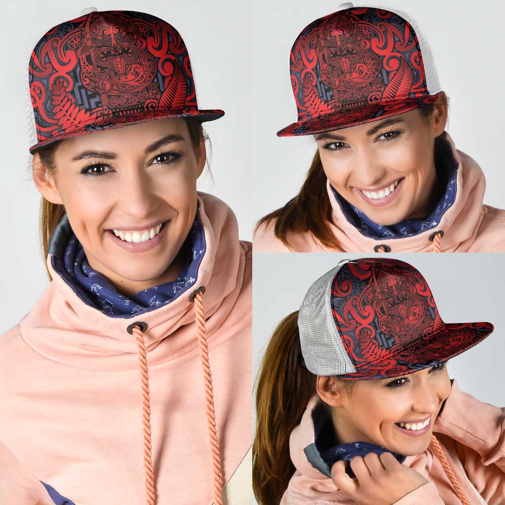 New Zealand Taiaha Maori Mesh Trucker Cap Whero Minimalist Silver Fern Tukutuku Motif