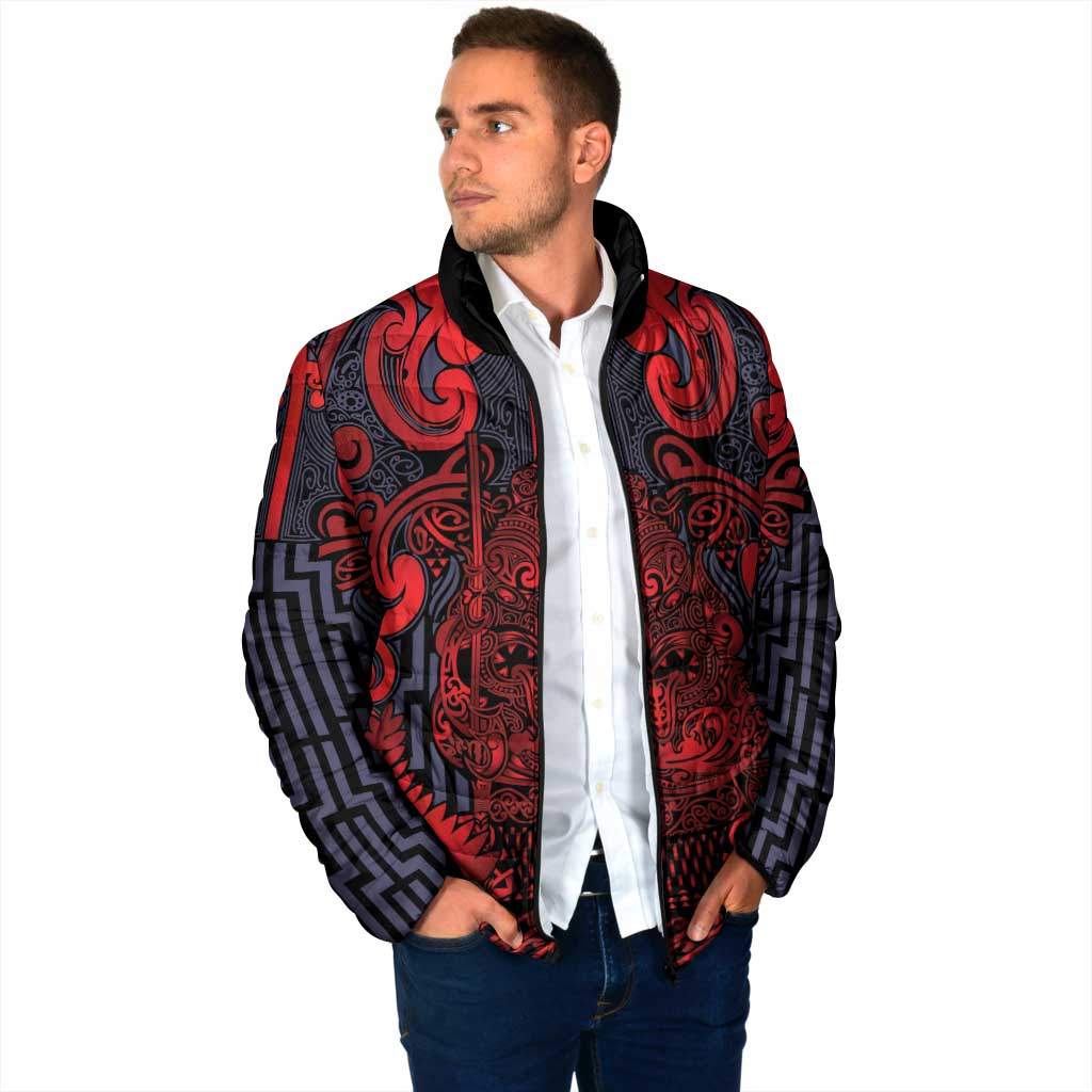 Custom New Zealand Taiaha Maori Padded Jacket Whero Minimalist Silver Fern Tukutuku Motif