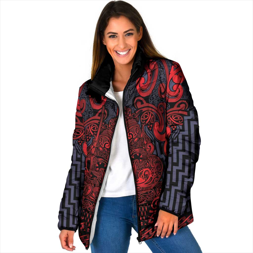 Custom New Zealand Taiaha Maori Padded Jacket Whero Minimalist Silver Fern Tukutuku Motif