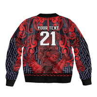Custom New Zealand Taiaha Maori Sleeve Zip Bomber Jacket Whero Minimalist Silver Fern Tukutuku Motif
