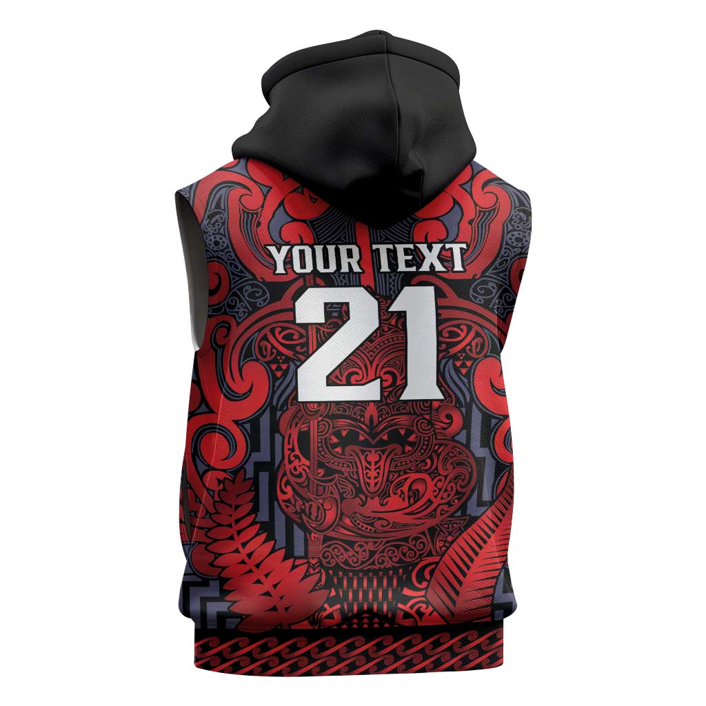 Custom New Zealand Taiaha Maori Sleeveless Zip Hoodie Whero Minimalist Silver Fern Tukutuku Motif
