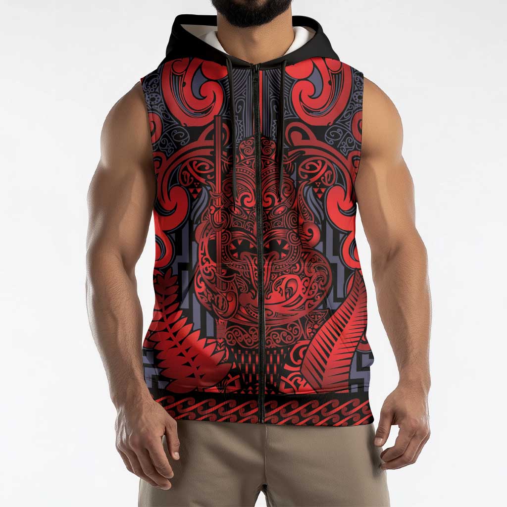 Custom New Zealand Taiaha Maori Sleeveless Zip Hoodie Whero Minimalist Silver Fern Tukutuku Motif