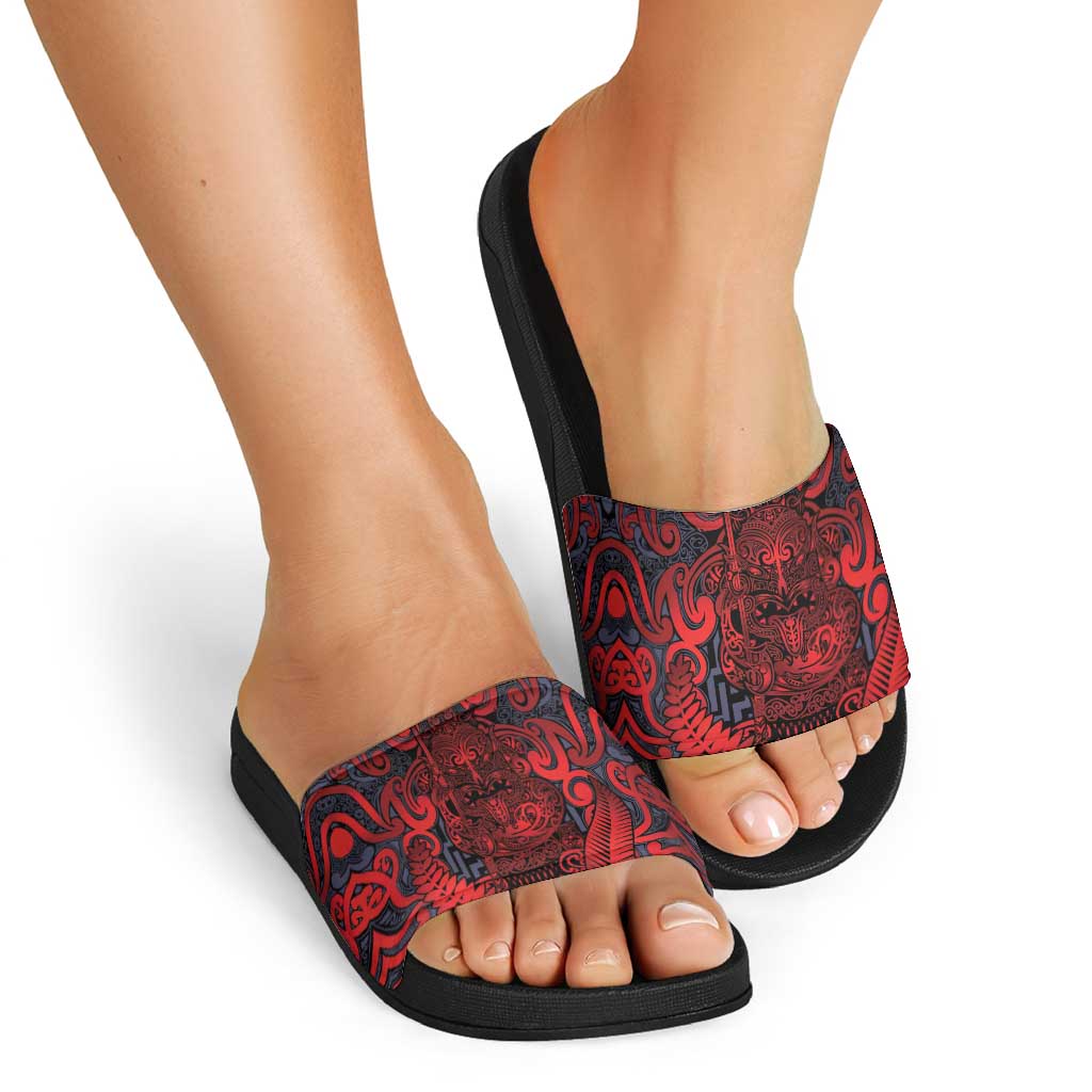 New Zealand Taiaha Maori Slide Sandals Whero Minimalist Silver Fern Tukutuku Motif