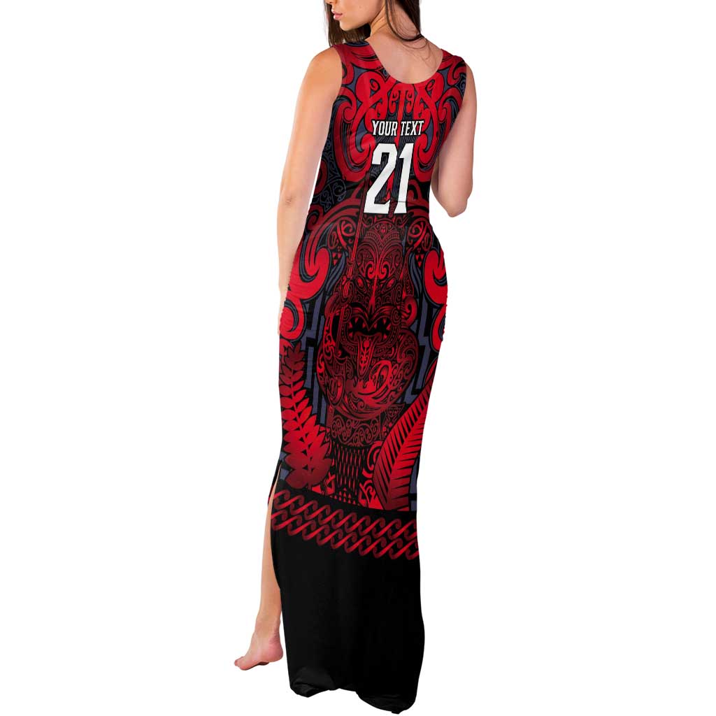 Custom New Zealand Taiaha Maori Tank Maxi Dress Whero Minimalist Silver Fern Tukutuku Motif