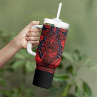 Custom New Zealand Taiaha Maori Tumbler With Handle Whero Minimalist Silver Fern Tukutuku Motif