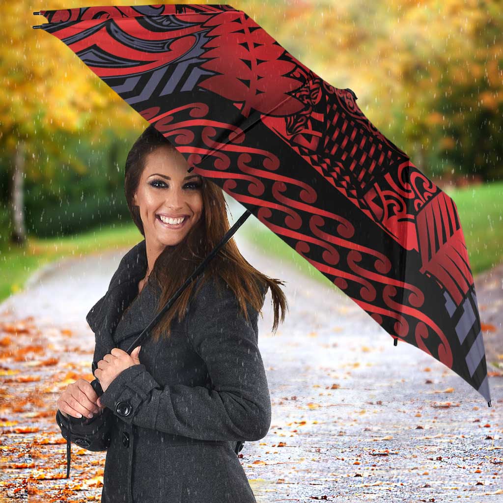 New Zealand Taiaha Maori Umbrella Whero Minimalist Silver Fern Tukutuku Motif