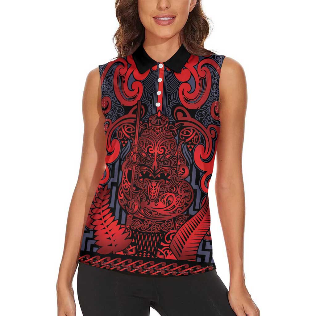 Custom New Zealand Taiaha Maori Women Sleeveless Polo Shirt Whero Minimalist Silver Fern Tukutuku Motif