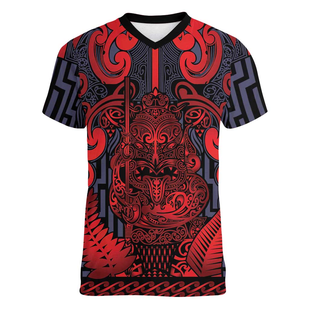 Custom New Zealand Taiaha Maori Women V-Neck T-Shirt Whero Minimalist Silver Fern Tukutuku Motif