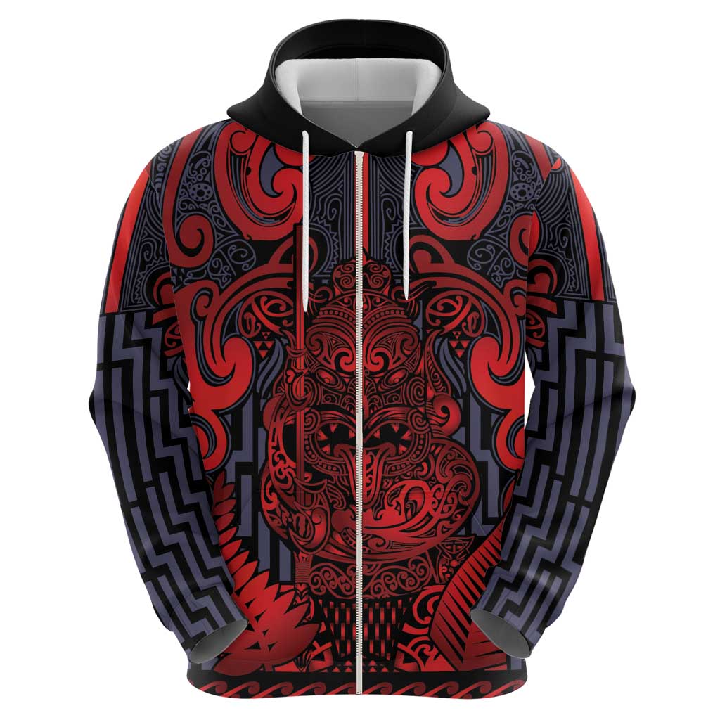 Custom New Zealand Taiaha Maori Zip Hoodie Whero Minimalist Silver Fern Tukutuku Motif