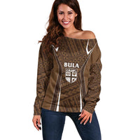 Custom Oceania Football Bula Fiji Off Shoulder Sweater Polynesian Tribal Pattern LT9 Women Brown - Polynesian Pride