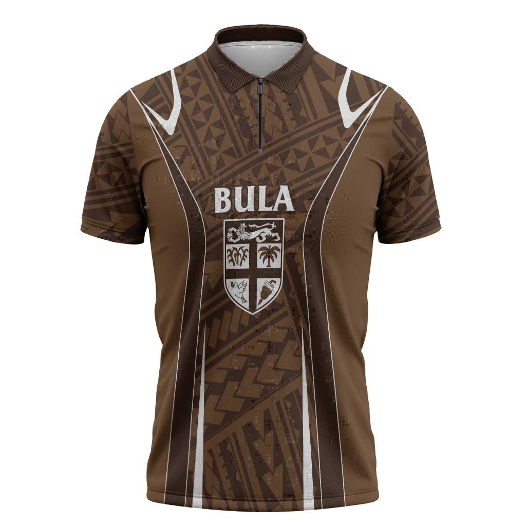 Custom Oceania Football Bula Fiji Zipper Polo Shirt Polynesian Tribal Pattern LT9 Brown - Polynesian Pride