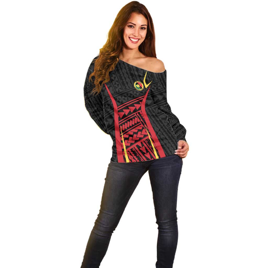 Custom Oceania Football Papua New Guinea Off Shoulder Sweater Polynesian Tribal Pattern LT9 - Polynesian Pride