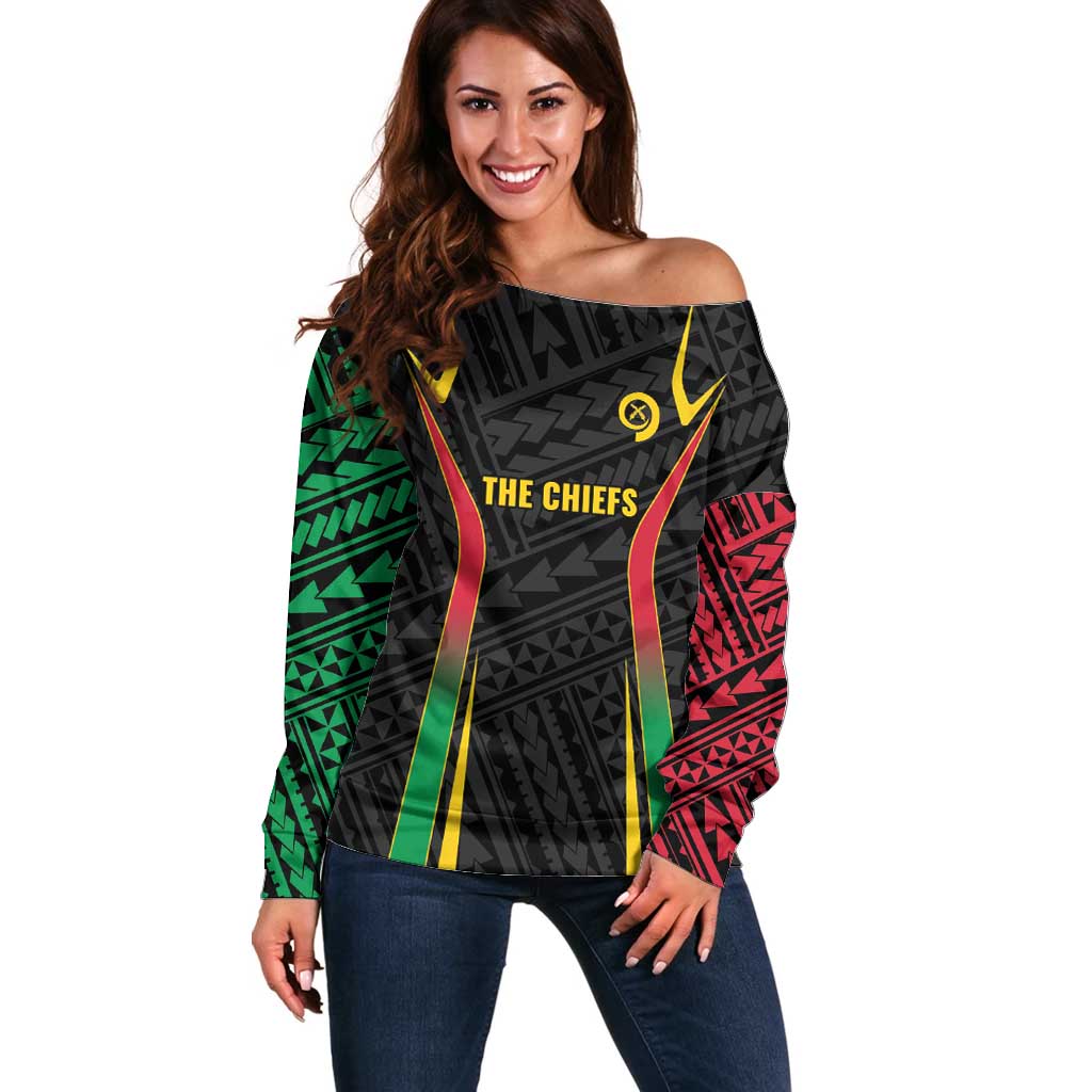 Custom Oceania Football Vanuatu Off Shoulder Sweater Polynesian Tribal Pattern LT9 Women Black - Polynesian Pride