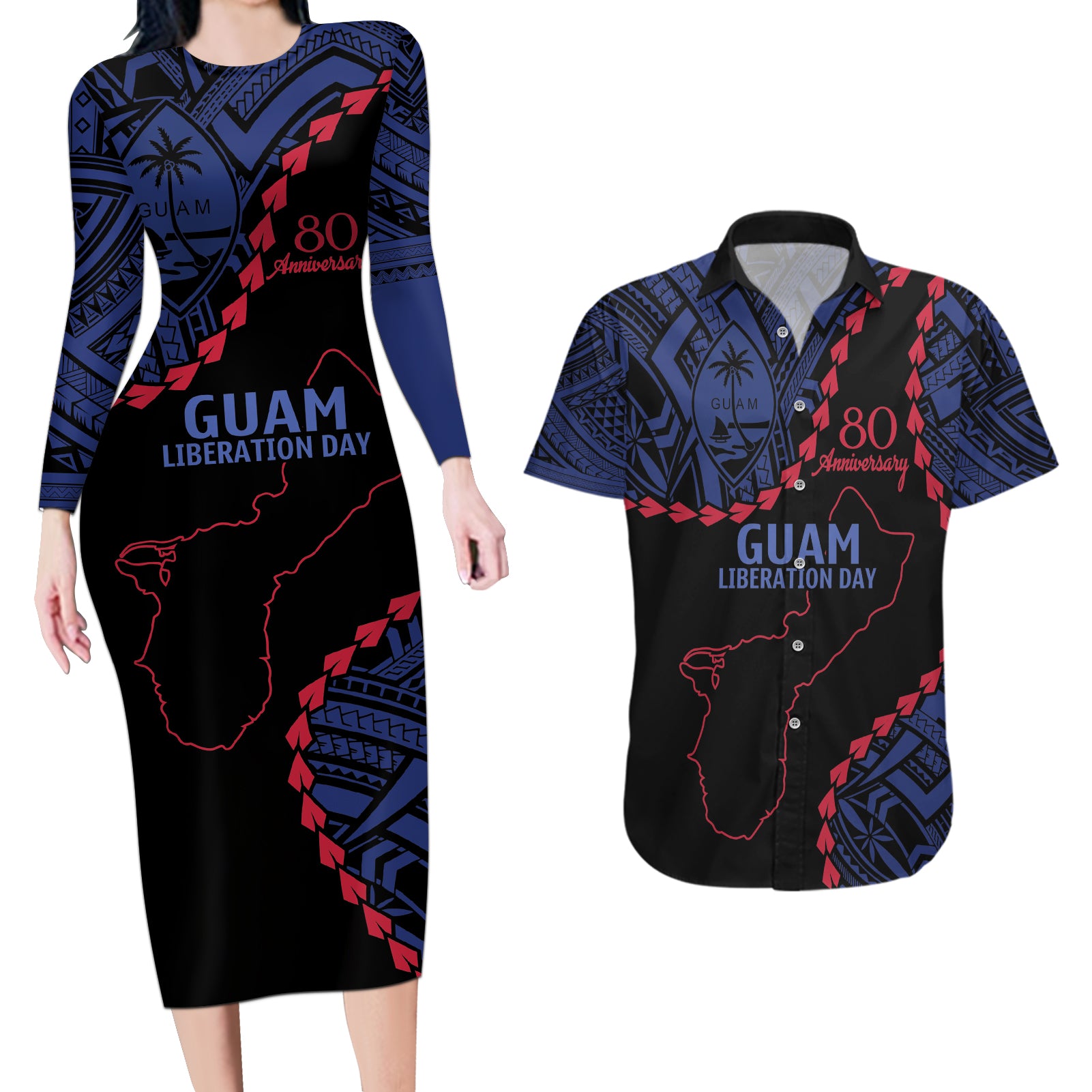 Personalized Guam 80th Anniversary Liberation Day Couples Matching Long Sleeve Bodycon Dress and Hawaiian Shirt Guahan Basic Seal