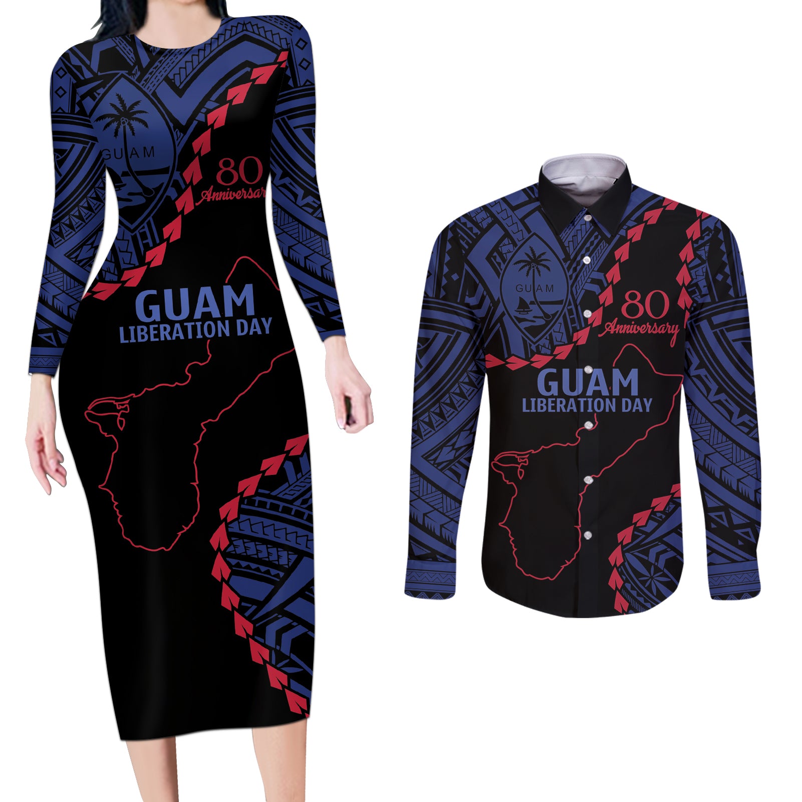 Personalized Guam 80th Anniversary Liberation Day Couples Matching Long Sleeve Bodycon Dress and Long Sleeve Button Shirt Guahan Basic Seal