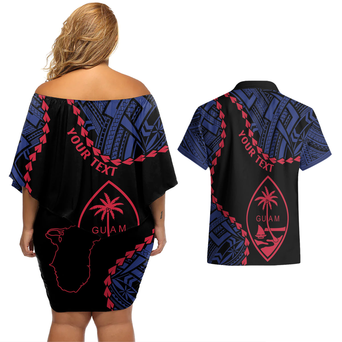 Personalized Guam 80th Anniversary Liberation Day Couples Matching Off Shoulder Short Dress and Hawaiian Shirt Guahan Basic Seal