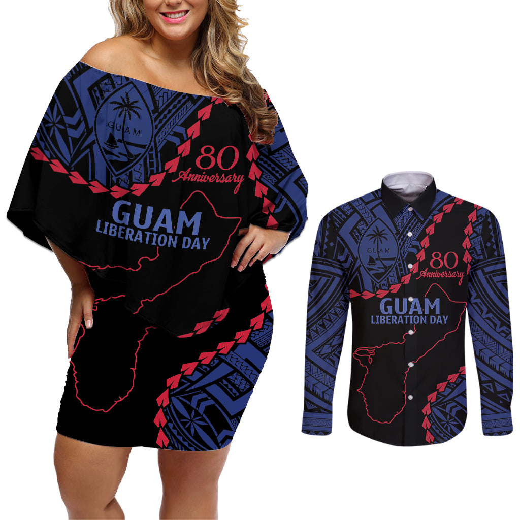 Personalized Guam 80th Anniversary Liberation Day Couples Matching Off Shoulder Short Dress and Long Sleeve Button Shirt Guahan Basic Seal