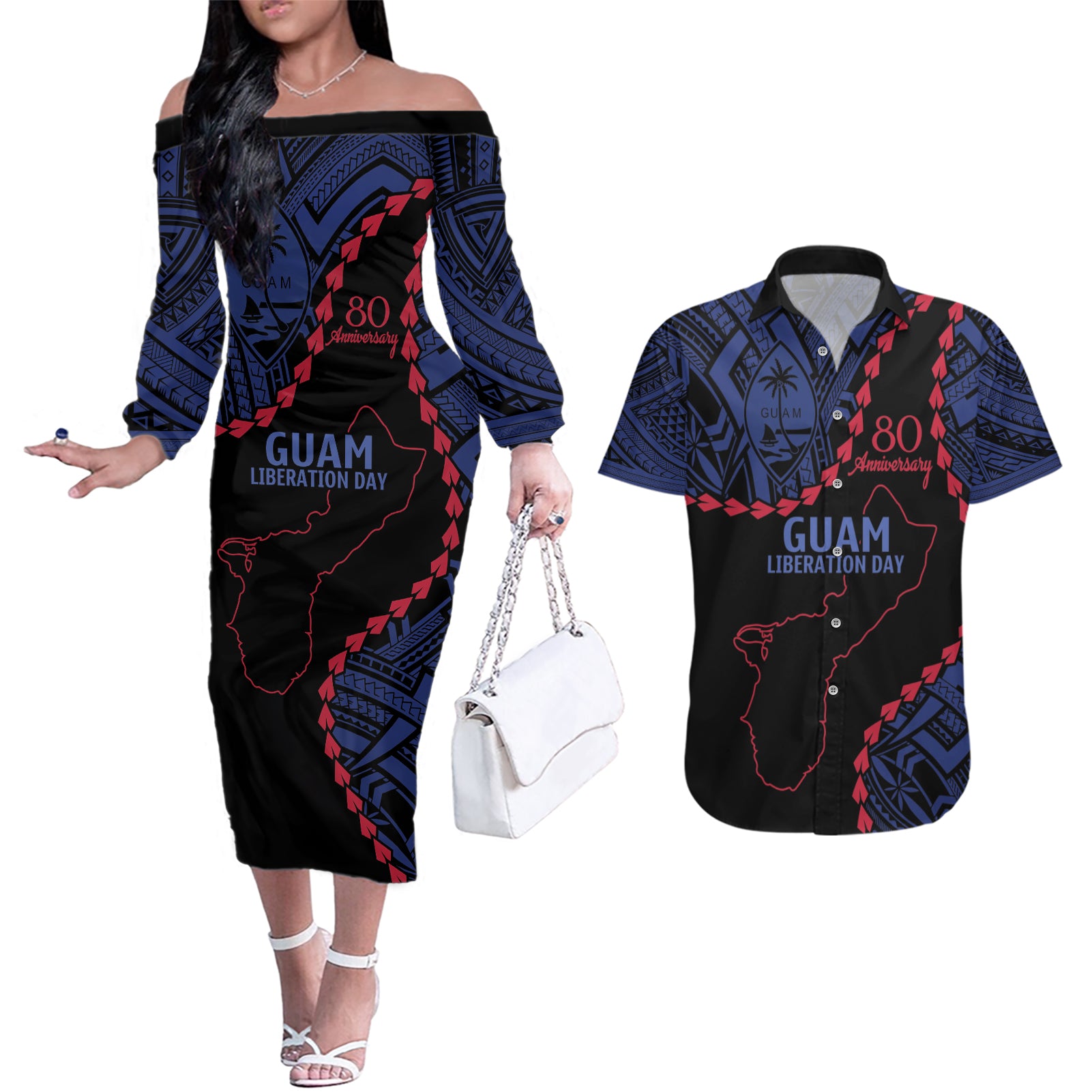 Personalized Guam 80th Anniversary Liberation Day Couples Matching Off The Shoulder Long Sleeve Dress and Hawaiian Shirt Guahan Basic Seal