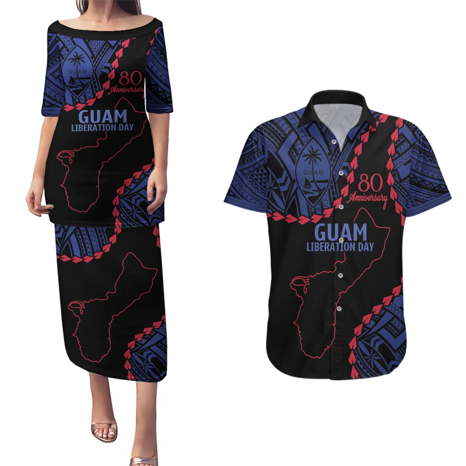 Personalized Guam 80th Anniversary Liberation Day Couples Matching Puletasi and Hawaiian Shirt Guahan Basic Seal