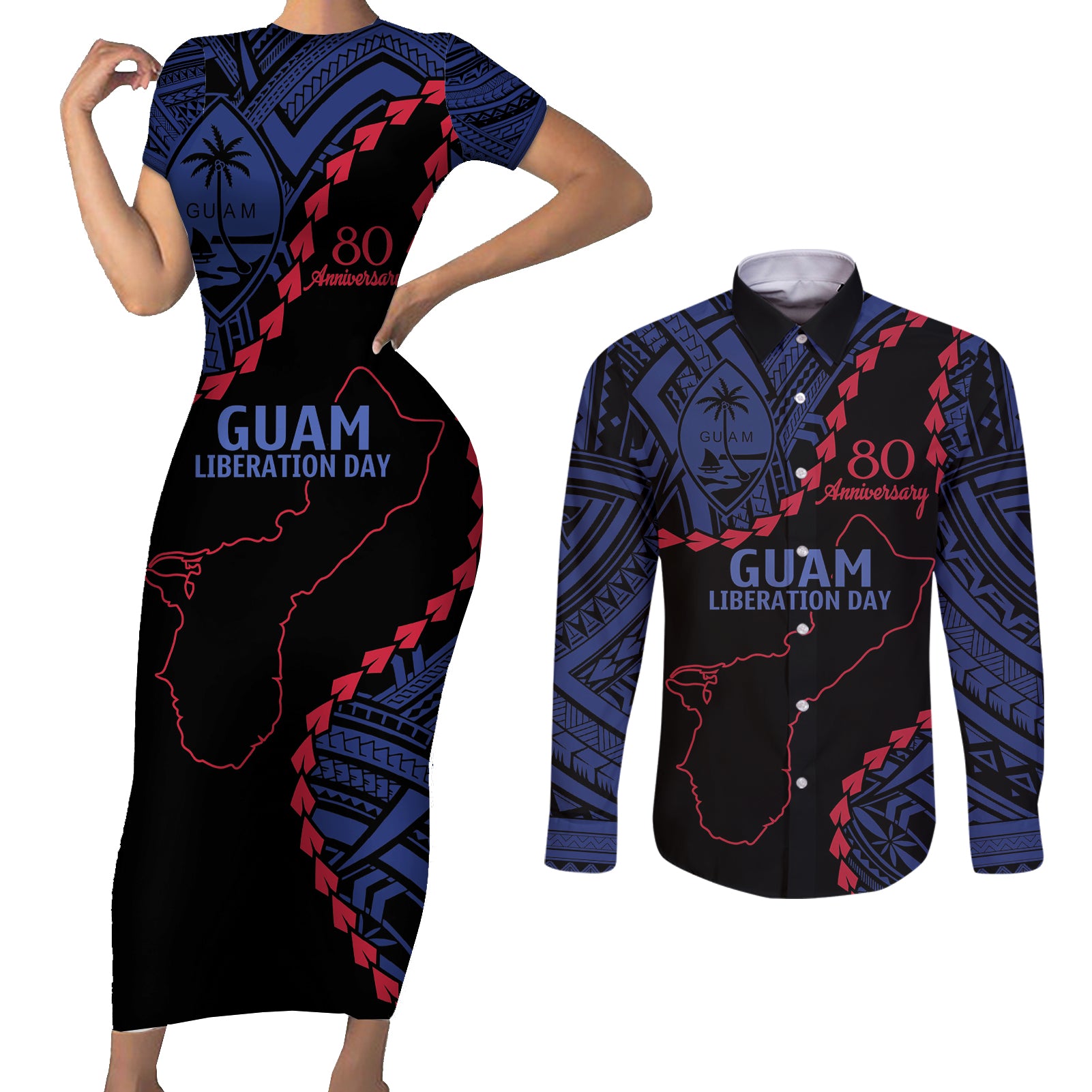 Personalized Guam 80th Anniversary Liberation Day Couples Matching Short Sleeve Bodycon Dress and Long Sleeve Button Shirt Guahan Basic Seal