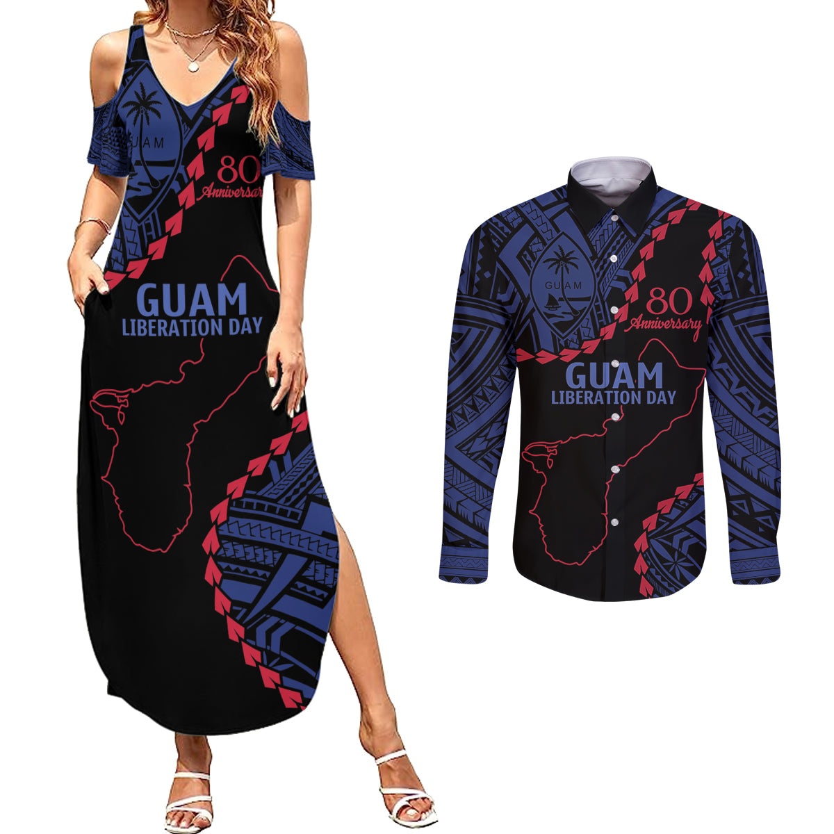 Personalized Guam 80th Anniversary Liberation Day Couples Matching Summer Maxi Dress and Long Sleeve Button Shirt Guahan Basic Seal