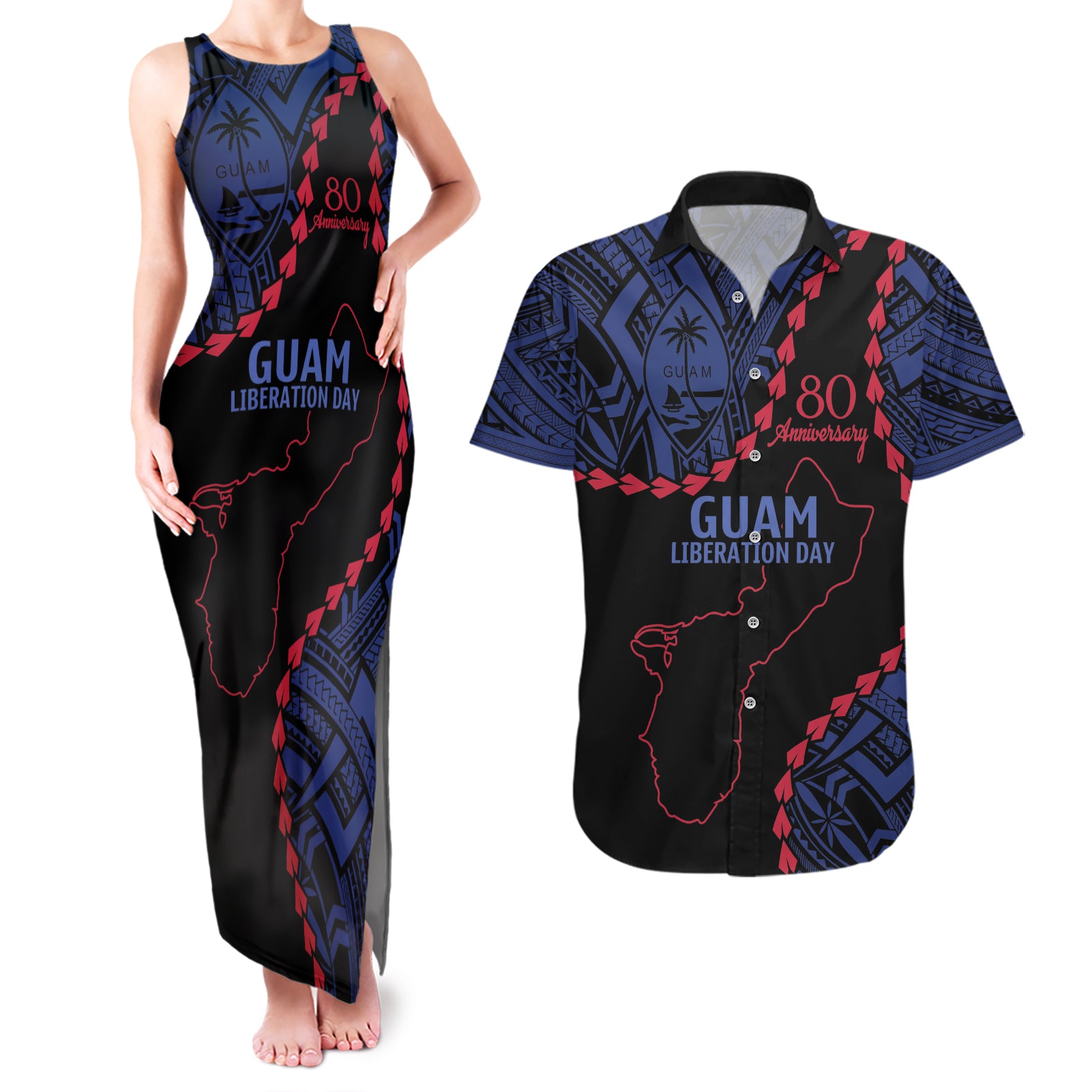 Personalized Guam 80th Anniversary Liberation Day Couples Matching Tank Maxi Dress and Hawaiian Shirt Guahan Basic Seal