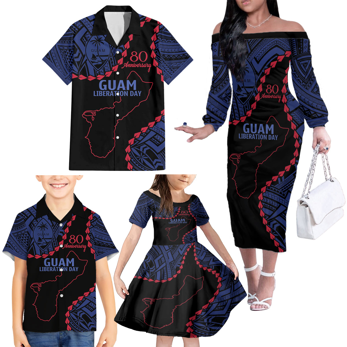 Personalized Guam 80th Anniversary Liberation Day Family Matching Off The Shoulder Long Sleeve Dress and Hawaiian Shirt Guahan Basic Seal