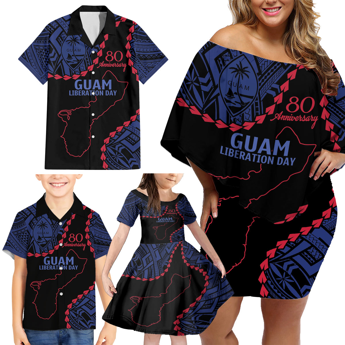 Personalized Guam 80th Anniversary Liberation Day Family Matching Off Shoulder Short Dress and Hawaiian Shirt Guahan Basic Seal