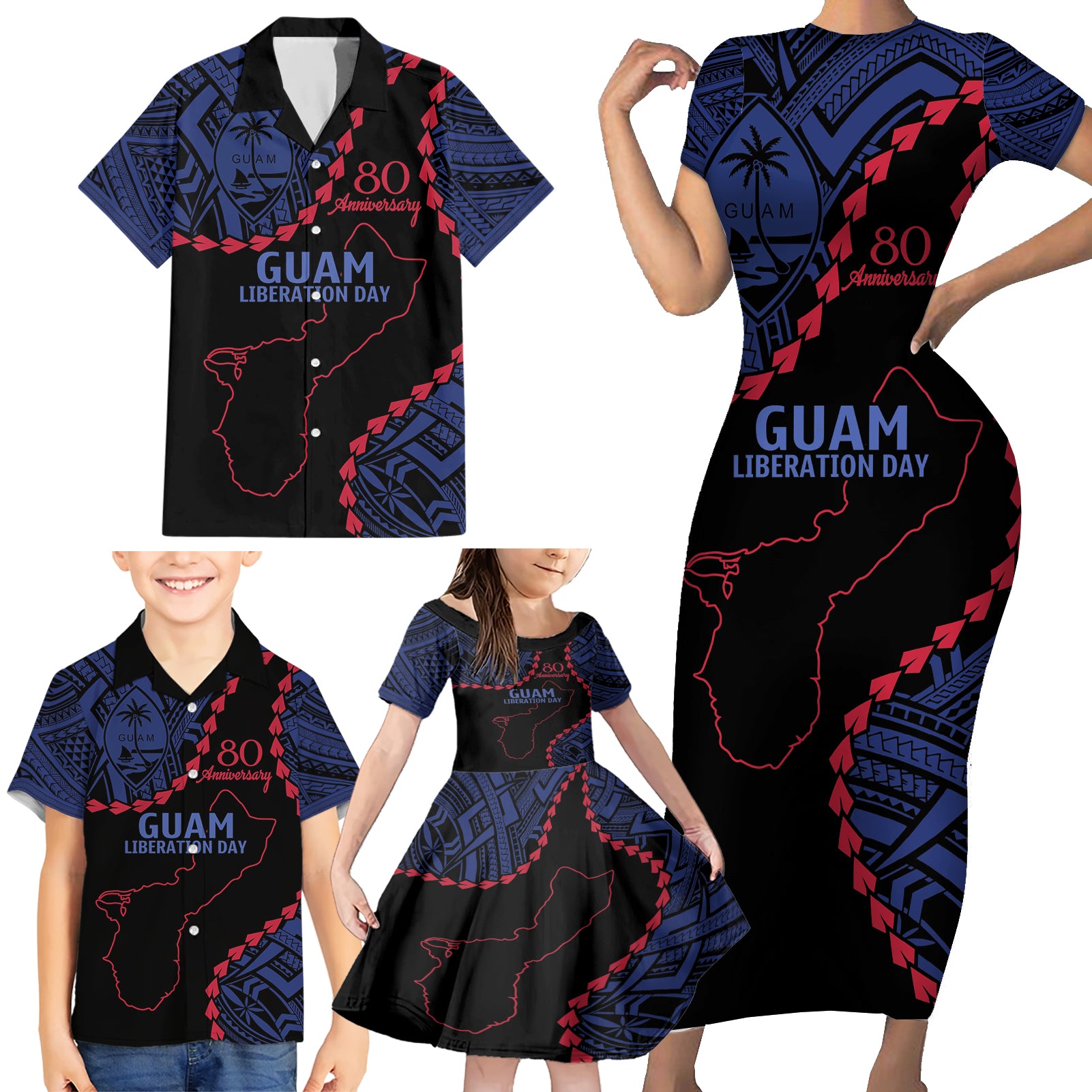 Personalized Guam 80th Anniversary Liberation Day Family Matching Short Sleeve Bodycon Dress and Hawaiian Shirt Guahan Basic Seal