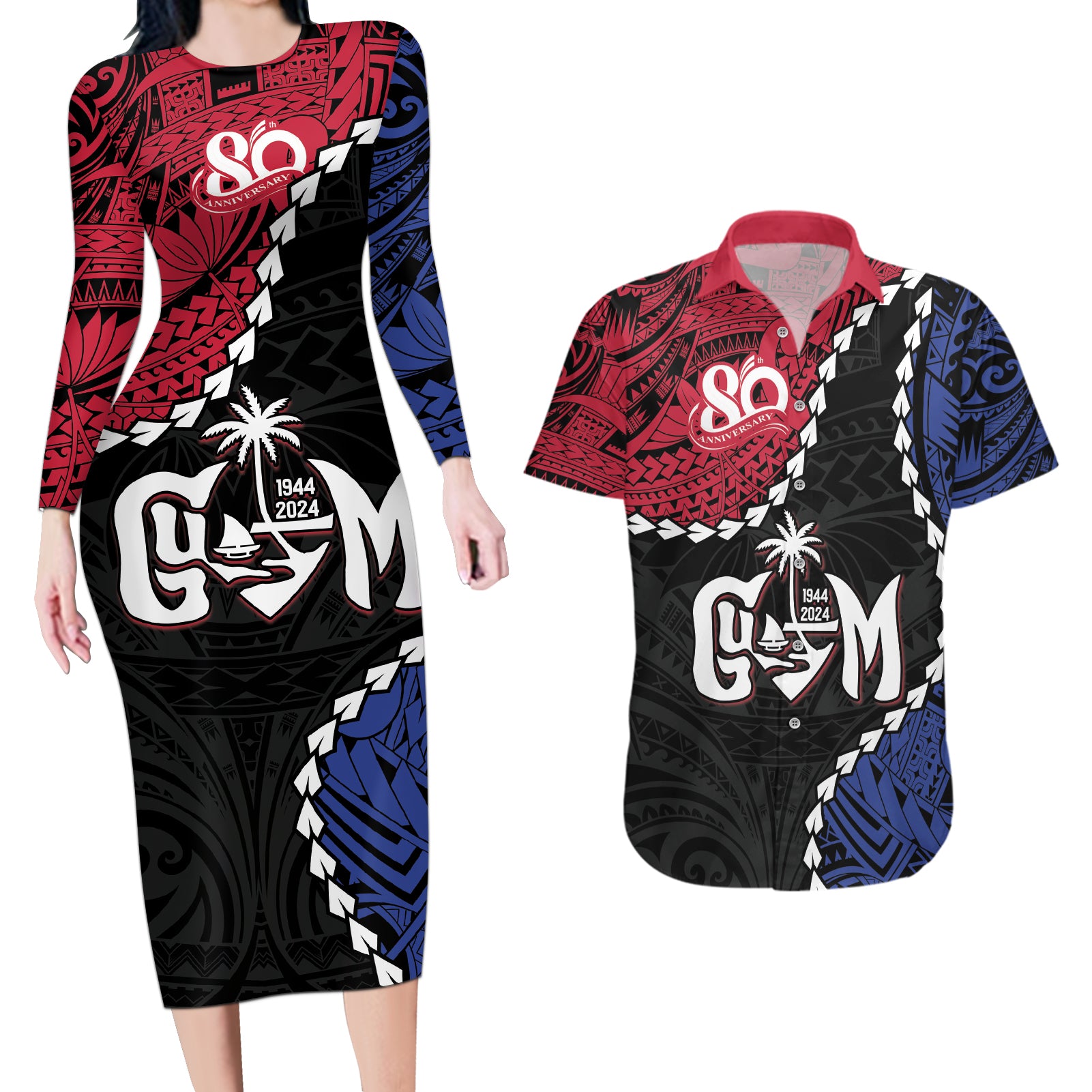 Personalized Guam 80th Anniversary Liberation Day Couples Matching Long Sleeve Bodycon Dress and Hawaiian Shirt Tano I Man Chamoru Since 1944