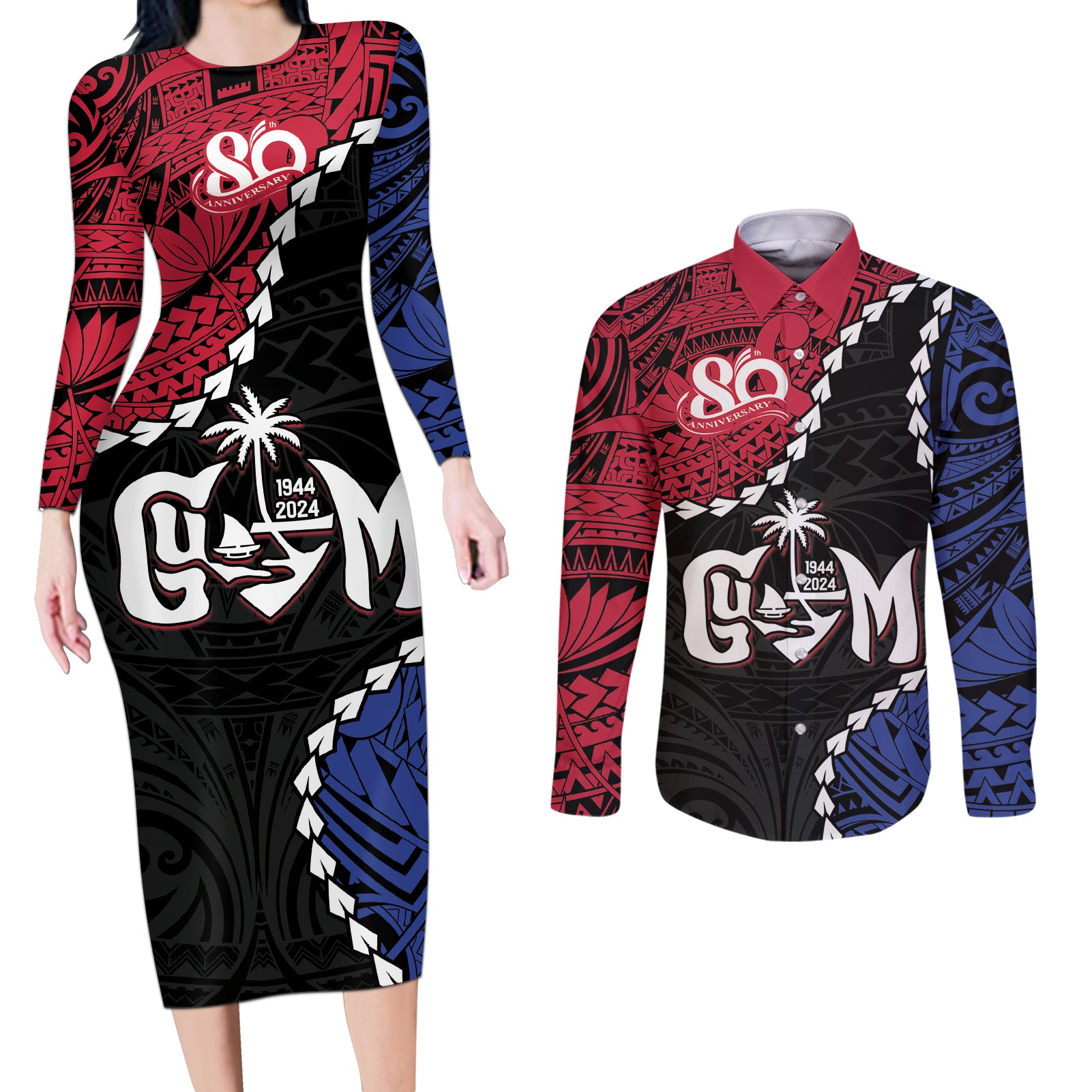 Personalized Guam 80th Anniversary Liberation Day Couples Matching Long Sleeve Bodycon Dress and Long Sleeve Button Shirt Tano I Man Chamoru Since 1944