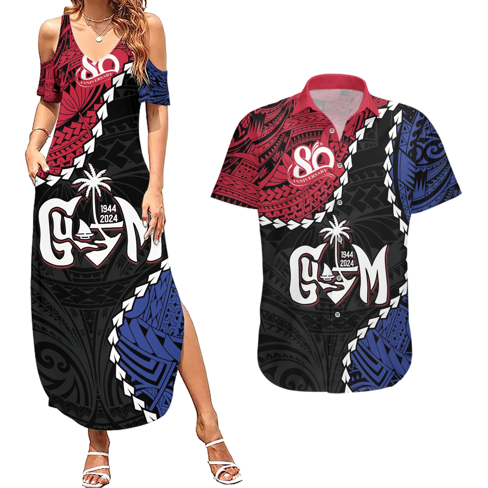 Personalized Guam 80th Anniversary Liberation Day Couples Matching Summer Maxi Dress and Hawaiian Shirt Tano I Man Chamoru Since 1944