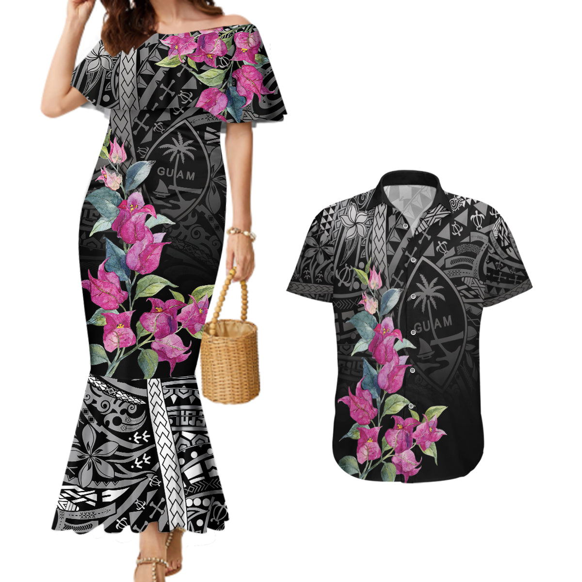 Guahan Puti Tai Nobiu Couples Matching Mermaid Dress and Hawaiian Shirt Guam Bougainvillea Flower Art