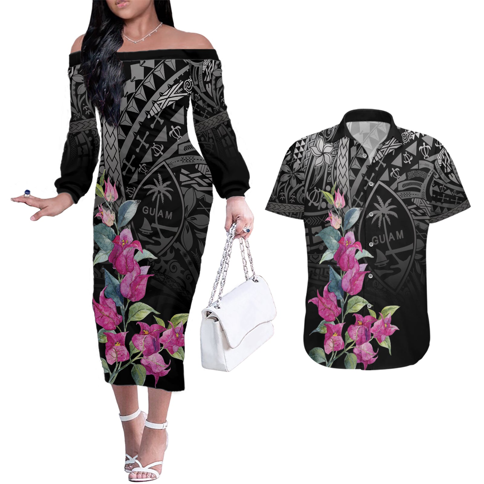 Guahan Puti Tai Nobiu Couples Matching Off The Shoulder Long Sleeve Dress and Hawaiian Shirt Guam Bougainvillea Flower Art