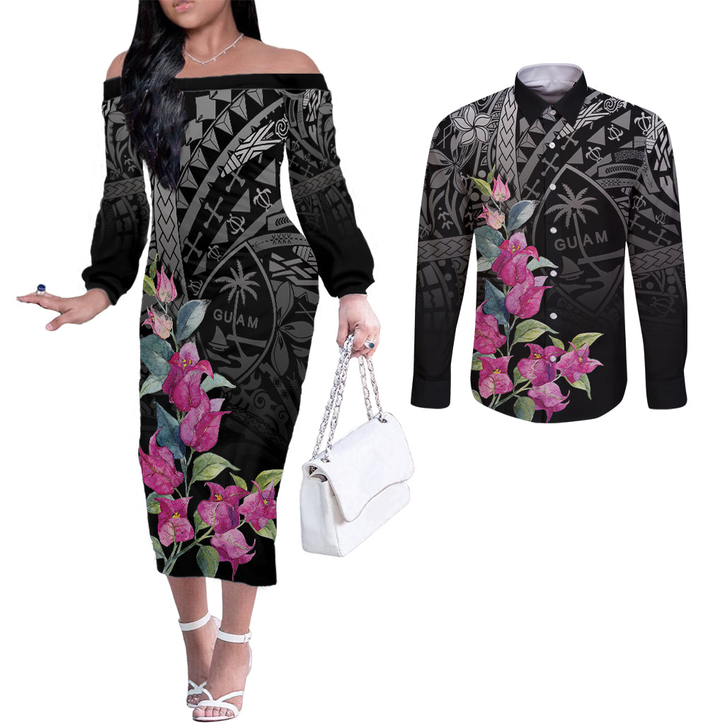 Guahan Puti Tai Nobiu Couples Matching Off The Shoulder Long Sleeve Dress and Long Sleeve Button Shirt Guam Bougainvillea Flower Art