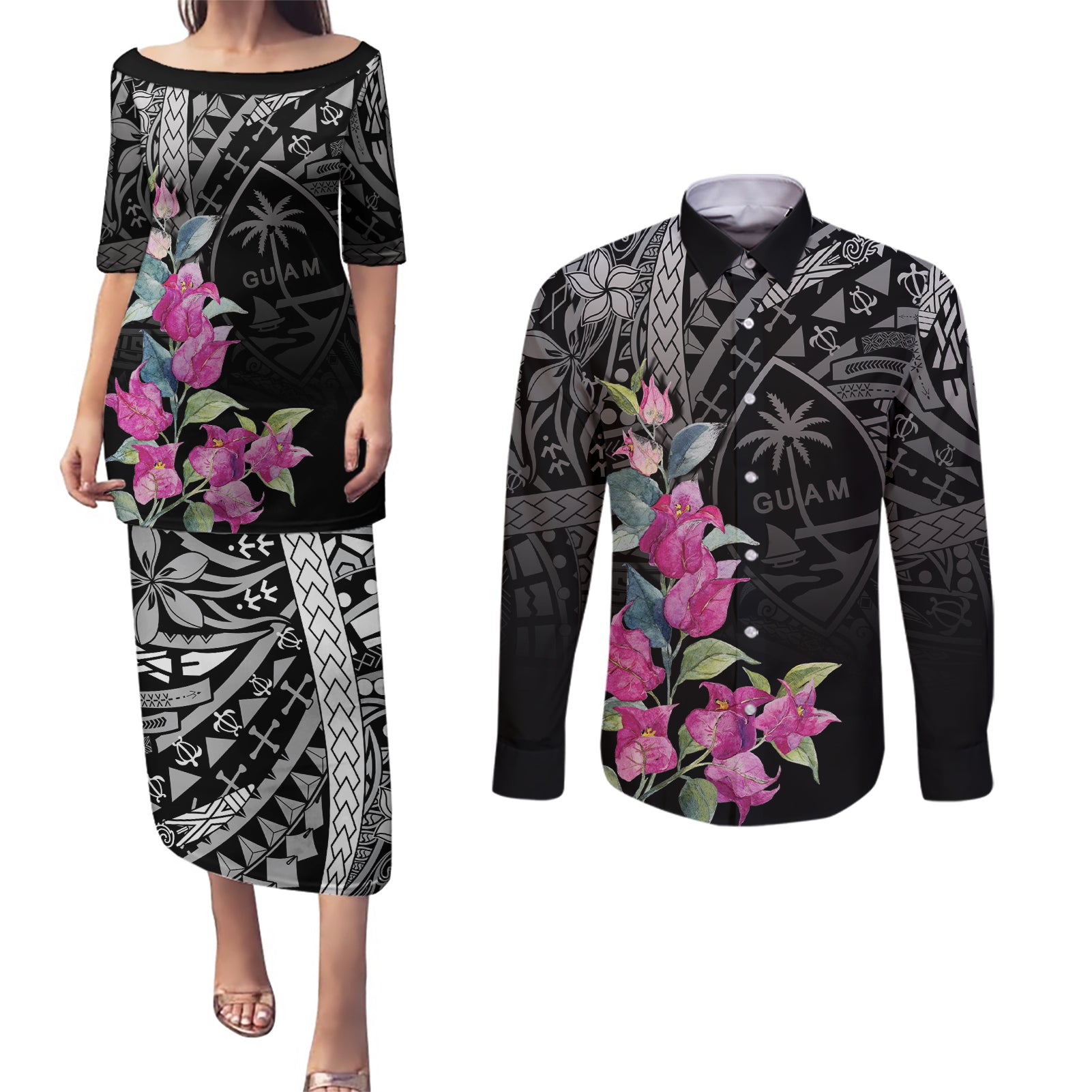 Guahan Puti Tai Nobiu Couples Matching Puletasi and Long Sleeve Button Shirt Guam Bougainvillea Flower Art