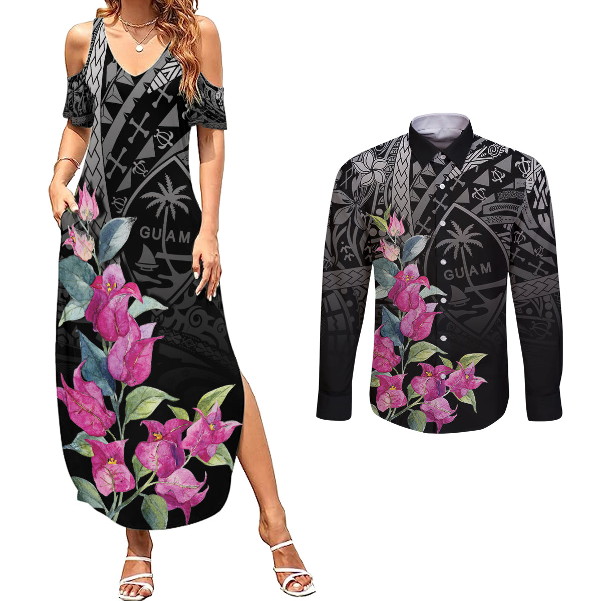 Guahan Puti Tai Nobiu Couples Matching Summer Maxi Dress and Long Sleeve Button Shirt Guam Bougainvillea Flower Art