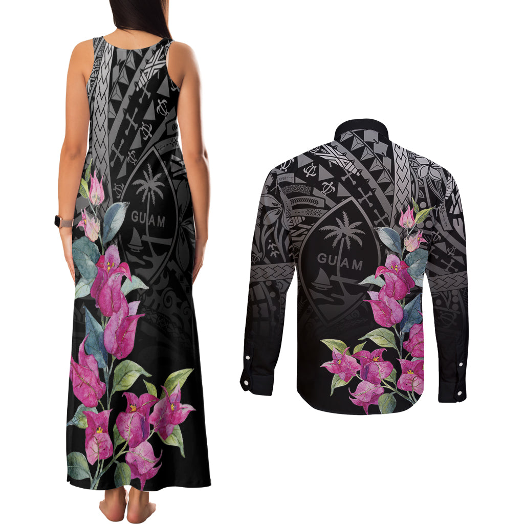 Guahan Puti Tai Nobiu Couples Matching Tank Maxi Dress and Long Sleeve Button Shirt Guam Bougainvillea Flower Art