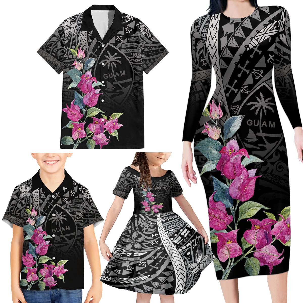 Guahan Puti Tai Nobiu Family Matching Long Sleeve Bodycon Dress and Hawaiian Shirt Guam Bougainvillea Flower Art