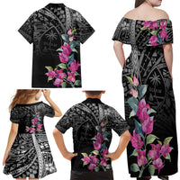 Guahan Puti Tai Nobiu Family Matching Off Shoulder Maxi Dress and Hawaiian Shirt Guam Bougainvillea Flower Art