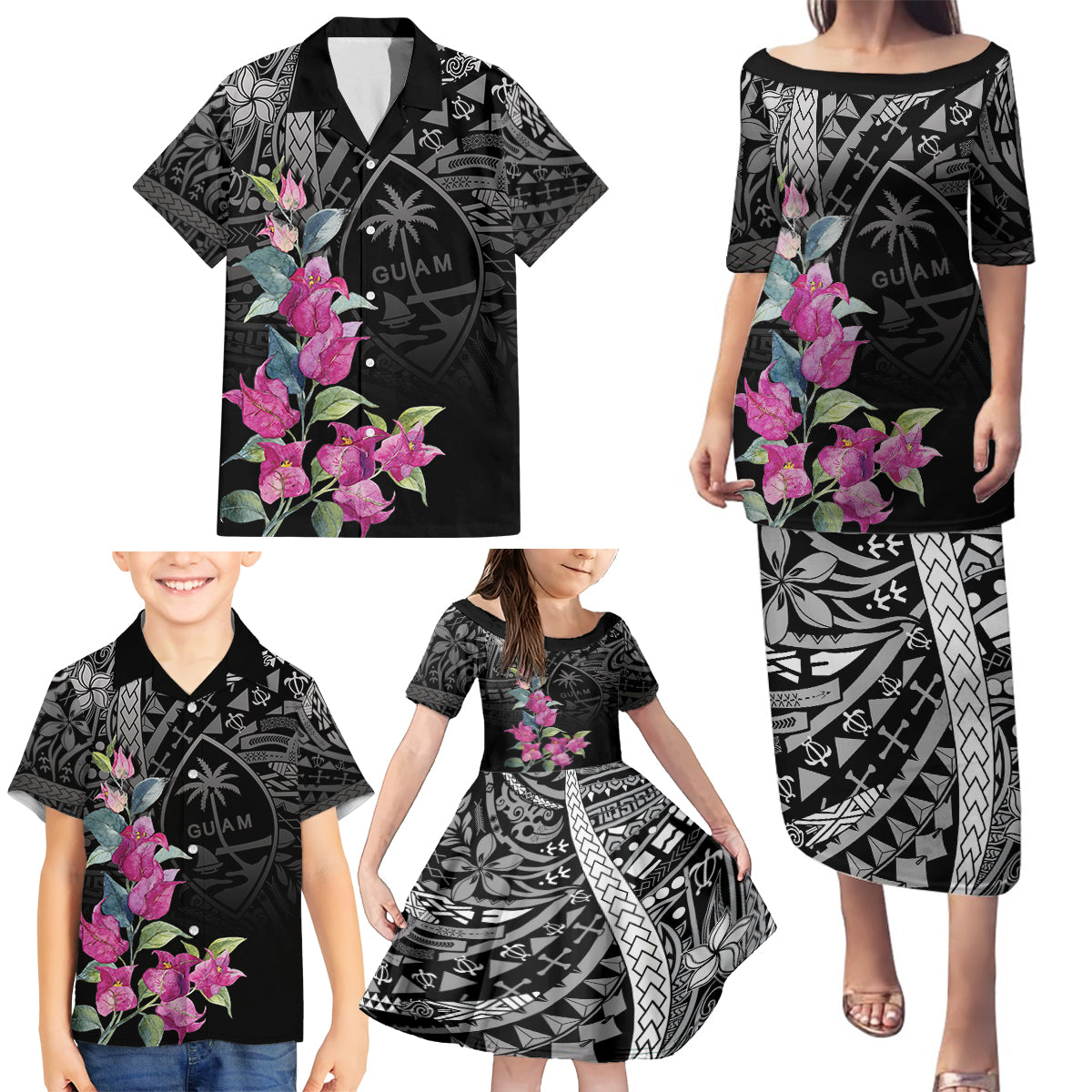 Guahan Puti Tai Nobiu Family Matching Puletasi and Hawaiian Shirt Guam Bougainvillea Flower Art