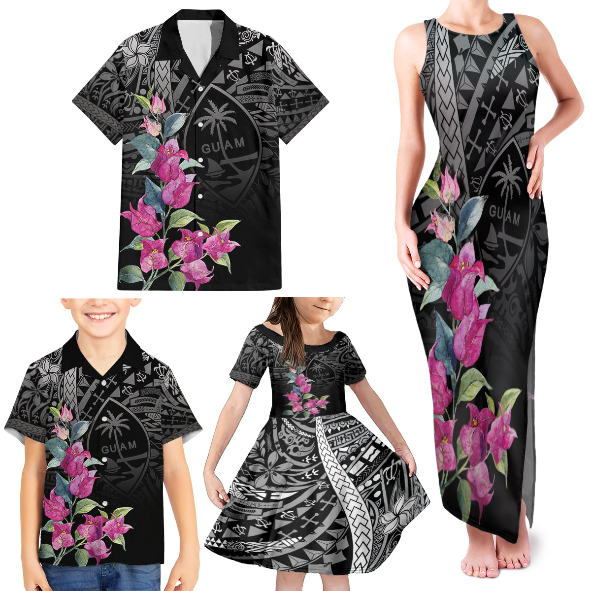 Guahan Puti Tai Nobiu Family Matching Tank Maxi Dress and Hawaiian Shirt Guam Bougainvillea Flower Art