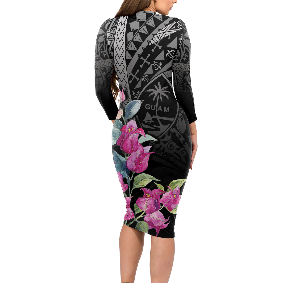 Guahan Puti Tai Nobiu Long Sleeve Bodycon Dress Guam Bougainvillea Flower Art