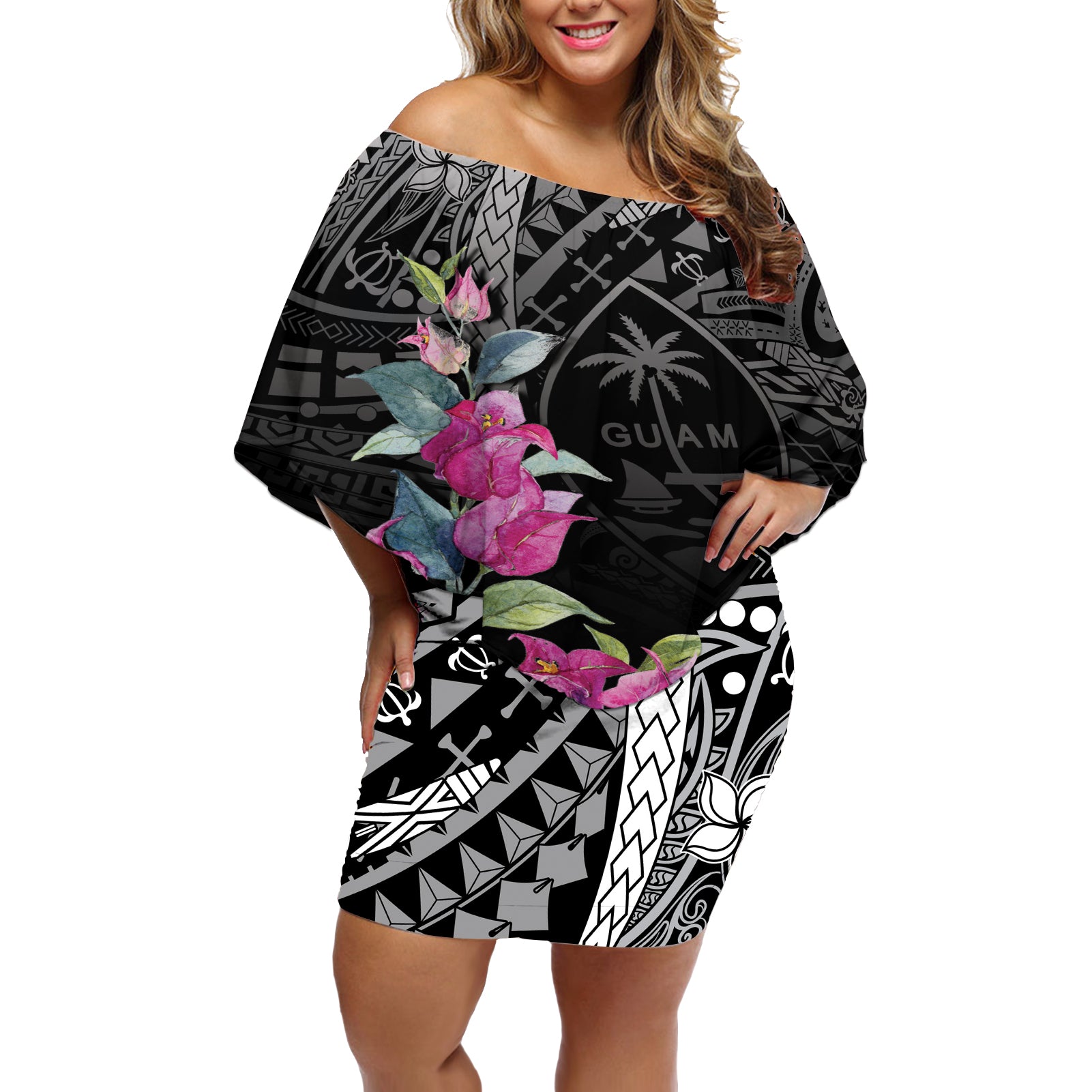 Guahan Puti Tai Nobiu Off Shoulder Short Dress Guam Bougainvillea Flower Art