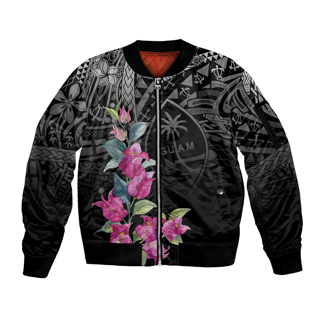 Guahan Puti Tai Nobiu Sleeve Zip Bomber Jacket Guam Bougainvillea Flower Art