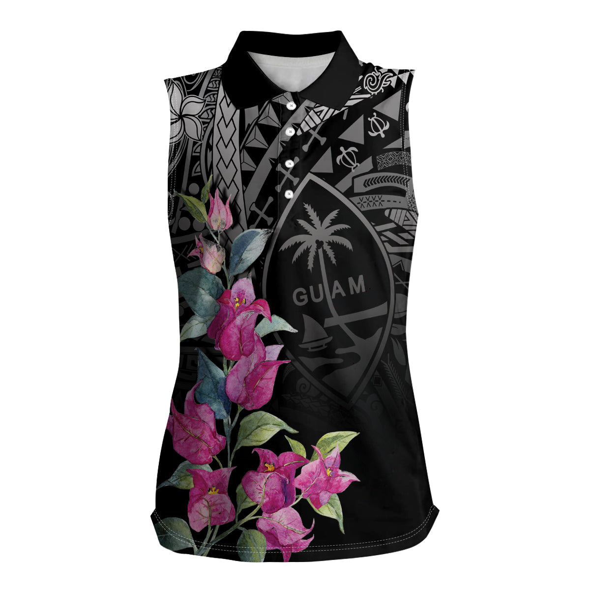 Guahan Puti Tai Nobiu Women Sleeveless Polo Shirt Guam Bougainvillea Flower Art