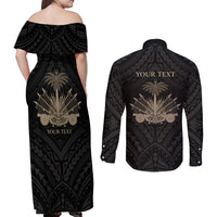 Personalized Haiti First Black Republic Couples Matching Off Shoulder Maxi Dress and Long Sleeve Button Shirt Negre Marron With Map And Flag