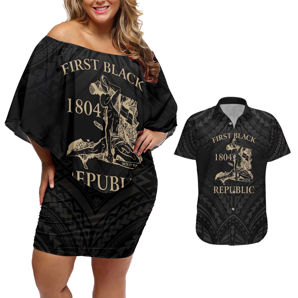 Personalized Haiti First Black Republic Couples Matching Off Shoulder Short Dress and Hawaiian Shirt Negre Marron With Map And Flag LT9 Black - Polynesian Pride